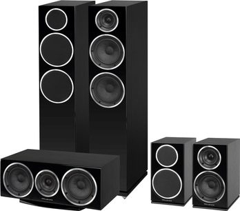 Sada sloupových reproduktorů Wharfedale Diamond 230 + 220 černé, 2 velké a 2 malé černé reproduktory, pohled zepředu