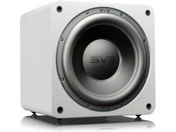 SVS SB-3000 lackerad vit subwoofer, frontvy, svart högtalare i mitten, vitt fyrkantigt chassi med rundade hörn