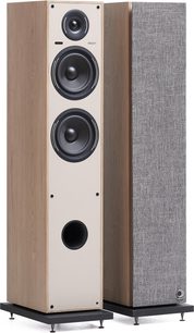 Pár sloupových reproduktorů Elipson Horus 11 Active BT Phono, světlé dřevo, 2 woofery, tweeter, bassreflexový otvor, šedá mřížka, pohled ze 3/4