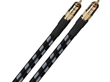 Dwa czarne kable audio RCA Real Cable Chenonceau 1m z pozłacanymi wtykami RCA, czarna opleciona osłona, widok z przodu