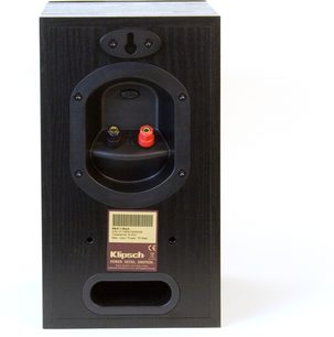 Knihovní reproduktor Klipsch RB-51 II Black, pohled zepředu, černý přední panel s reproduktory a červenými připojovacími svorkami
