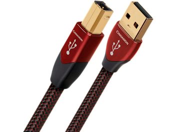Du 1,5 metro ilgio „Audioquest Cinnamon" USB kabeliai su auksuotais USB A ir B jungtimis, raudonu apvalkalu ir juodu pynimu