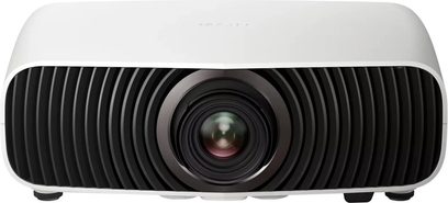 White Epson EH-LS7500 projector, front view with central lens and ribbed black front panel