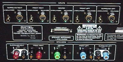 Amplificatore di potenza Rotel RMB-1095, pannello frontale, vista frontale, connettori e controlli, finitura nera