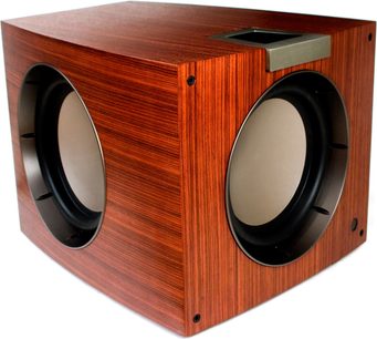 Klipsch P-312W merlot subwoofer, frontvisning, lakeret træ, to runde sorte højttalere, metalskuffe