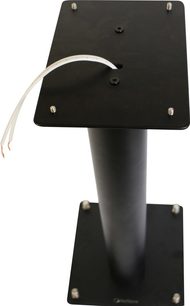 Høyttalerfot Norstone Design Stylum 1 i satinert svart, forfra, matt svart sylinder på blank svart firkantet base