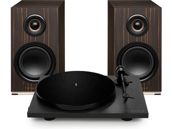 Pacchetto audio Triangle con giradischi nero e due diffusori da scaffale con finitura in legno scuro