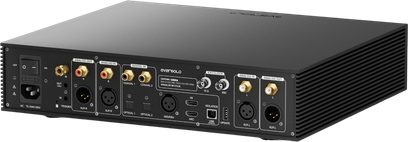 DAC EverSolo Z-10 černý kovový, zadní tříčtvrteční pohled, porty RCA, XLR, koaxiální, optické, USB a HDMI ARC