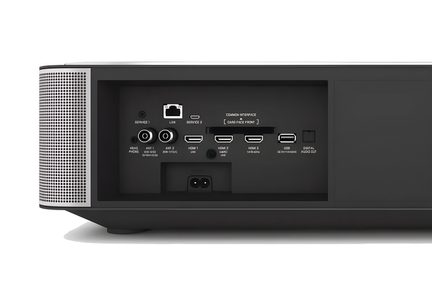 Bagside af tv med HDMI-, USB- og LAN-porte, digitale lydudgange, antenne og hovedtelefonstik