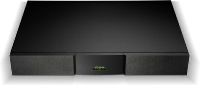 Naim Audio Flat-Cap XS sort strømforsyning, set forfra, rektangulær, med grønt logo i midten