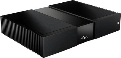 Amplificatore di potenza Naim Audio NAP 250 nero, vista dall'alto in prospettiva, visibili la facciata anteriore e il lato destro