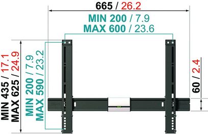 Vogel's THIN 315 sort vægbeslag, set forfra med mål i mm, 665 mm bred, 600 mm højde maks., 200 mm min., 24,9 mm dyb