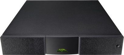Naim Audio Nap 200 sort effektforstærker, set forfra, rektangulær form, mat sort front, grønt logo i midten