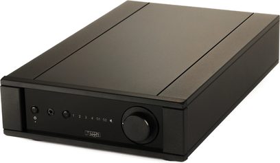Rega Brio MK7 black stereo integrated hi-fi amplifier with front panel featuring buttons, jacks, selectors, and a circular dial
