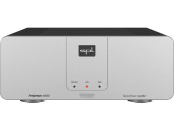 Hi-fi võimendi SPL Performer s900 hõbedane, eestvaade harjatud esipaneeli ja keskmiste indikaatoritega