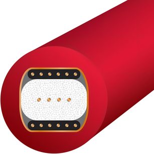 Cavo coassiale digitale Wireworld Starlight 10 Coaxial 2m, sezione trasversale che mostra una guaina rossa, un isolante bianco testurizzato, connettori dorati e elementi neri e dorati.