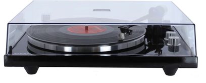 Enova HIFI Vision 3 USB sort pladespiller, set oppefra, drejetallerken med rød vinyl, tonarm, gennemsigtig låg