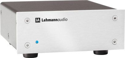 Lehmann Audio Black Cube SE II sølv phono forforsterker, rektangulær metallboks i grått med blå LED og svarte føtter, forfra