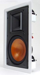 Vestavný reproduktor Klipsch R-3800-W bílý, pohled zepředu, oranžový reproduktor, černá mřížka, 4 upevňovací šrouby