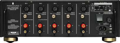 5-kanals effektforstærker Parasound Halo A52+ sort, frontpanel med 5 røde knapper, 5 XLR-stik og kontroller