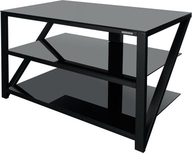 Norstone Eker 3 sort mat TV-møbel med 3 hylder i hærdet røgfarvet glas på sort metalramme, set fra 3/4 vinkel