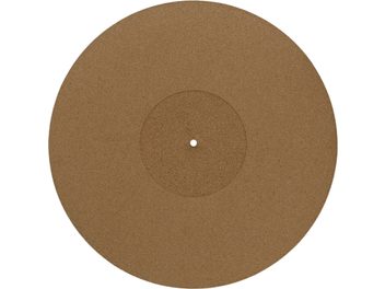 Circular cork platter cover, top view, uniform surface, visible central hole, regular edges