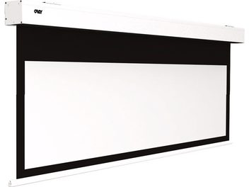 Écran de projection motorisé blanc rectangulaire Oray Squar HC 16/9 192 cm, vue de face, toile dépliée, boîtier noir
