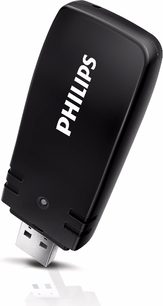 Philips WUB1110 USB-WLAN-Adapter, rechteckiges schwarzes Gehäuse, USB-Stecker, weißes Philips-Logo oben, Vorderansicht
