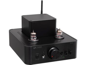 Taga Harmony HTA-700B v.3 USB negru, amplificator stereo integrat cu tuburi, finisaj negru periat, două tuburi de sticlă vizibile în partea superioară, buton circular mare central, butoane și mufă pentru căști pe față, antenă în spate, vedere din unghi de trei sferturi față