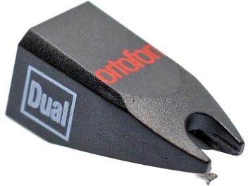 Diament do wkładki gramofonowej Ortofon STYLUS DUAL DN 165 E, widok perspektywiczny, czarne korpus, czerwone i białe napisy