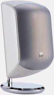 Kompakt Bowers & Wilkins MT-10 højttaler i grå, set fra venstre side, afrundet form, metalrist, hvid base
