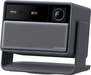 Siv projektor XGIMI Horizon 30 Pro na nosilcu v obliki črke U, s perforirano sprednjo ploščo in objektivom z rdečim obročem