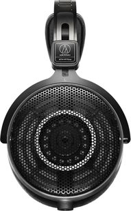 Audio Technica ATH-R70xa sort, åben hi-fi hovedtelefon med ledning, set forfra, venstre ørekop er cirkulær med stor bikubeformet metalgitter og mat plastbøjle