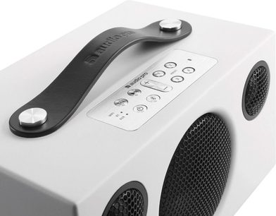 Trådløs tilkoblet høyttaler Audio Pro ADDON C3 hvit, sett ovenfra, svart grill, kontrollknapper, svart lærhåndtak