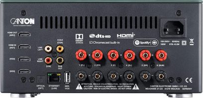 Canton Smart Amp 5.1 S2 multiroom‑förstärkare sedd bakifrån med HDMI‑ och RCA‑anslutningar samt röd och svart högtalarterminal