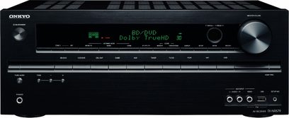 Onkyo TX-NR579 sort hjemmebiografsforstærker, frontpanel, frontvisning, grøn display "BD/DVD Dolby TrueHD 3D", mange knapper