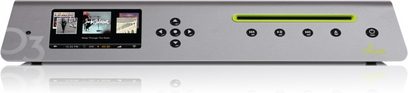 Olive 3HD netværksaudioafspiller i sølv, set forfra, farve-LCD-skærm, trykfølsomme knapper, USB-port, hovedtelefonstik