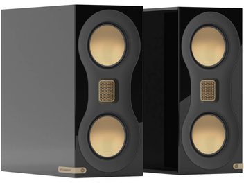 Monitor Audio Studio 89 boghøjttaler, set forfra, 2 cirkulære gyldne højttalere, 1 central gylden tweeter, sort finish