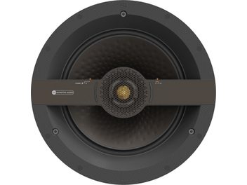 Indbygningshøjttaler Monitor Audio C2L cirkulær, gyldne og sorte koncentriske højttalere, metalbeslag
