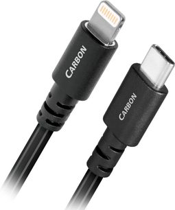 Dwa czarne przewody USB-C i Lightning z metaliczną szarą obudową, oznaczone białym napisem "CARBON" na boku