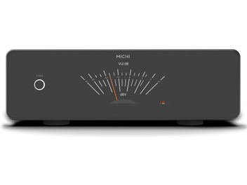 Rotel Michi S430 sort hi-fi-effektforstærker, front med centralt VU-meter og cirkulær tænd/sluk-knap