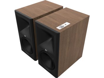 Klipsch The Nines II nogueira par de colunas conectadas com frente preta e botão giratório na parte superior