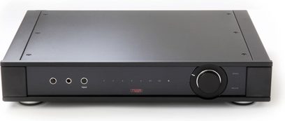 Ampli hi-fi stéréo Rega Elicit MK5 noir, vue de face, façade avec boutons, molette, prise casque et affichage LED rouge