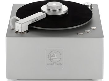 Machine lave disque ClearAudio Smart Matrix Silent argent, vue de dessus, plateau noir, bras argenté, base grise avec logo