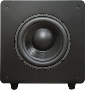 Juodas Velodyne Deep Waves 10 žemų dažnių garsiakalbis, vaizdas iš priekio su matomu apvaliu garsiakalbiu