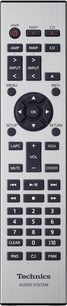 Mando a distancia de audio Technics con botones para controlar el volumen, seleccionar la fuente, reproducir y navegar por los menús