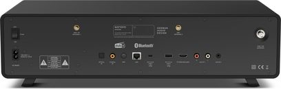 Vedere din spate a Sonoro Avaton, carcasă metalică neagră mată, porturi: alimentare, antene, Ethernet, optic, HDMI ARC, RCA, jack 3,5 mm