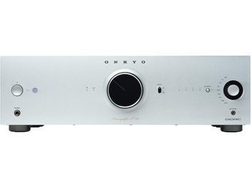 Προενισχυτής Onkyo ICON P-80 σε ασημί μέταλλο, κεντρικό κουμπί έντασης, επιλογέας στα δεξιά, υποδοχή ακουστικών στα αριστερά, σε πρόσοψη