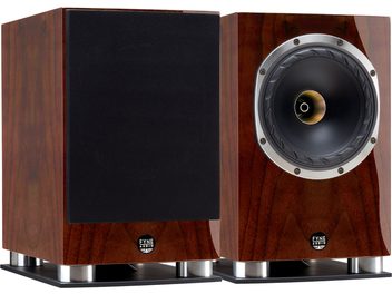 Regálová reprosoustava Fyne Audio F500SP, lakovaný ořech, pohled zepředu, výškový reproduktor a středobasový reproduktor, dřevěná skříňka