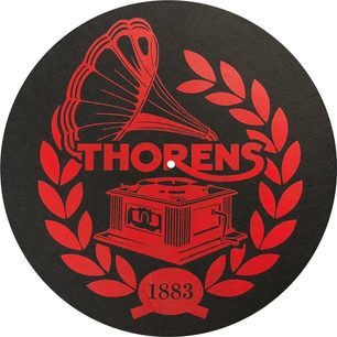 Přikrývka na gramofon Thorens s logem Thorens 1883 – černá s červenými motivy gramofonu a vavřínu